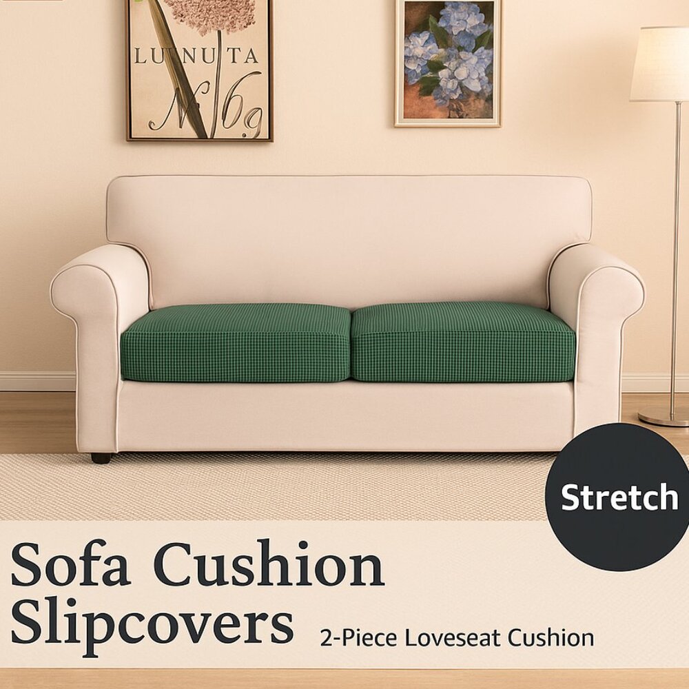 2-Piece Loveseat Sofa Cushion Slipcovers – Stretch, Washable, Green